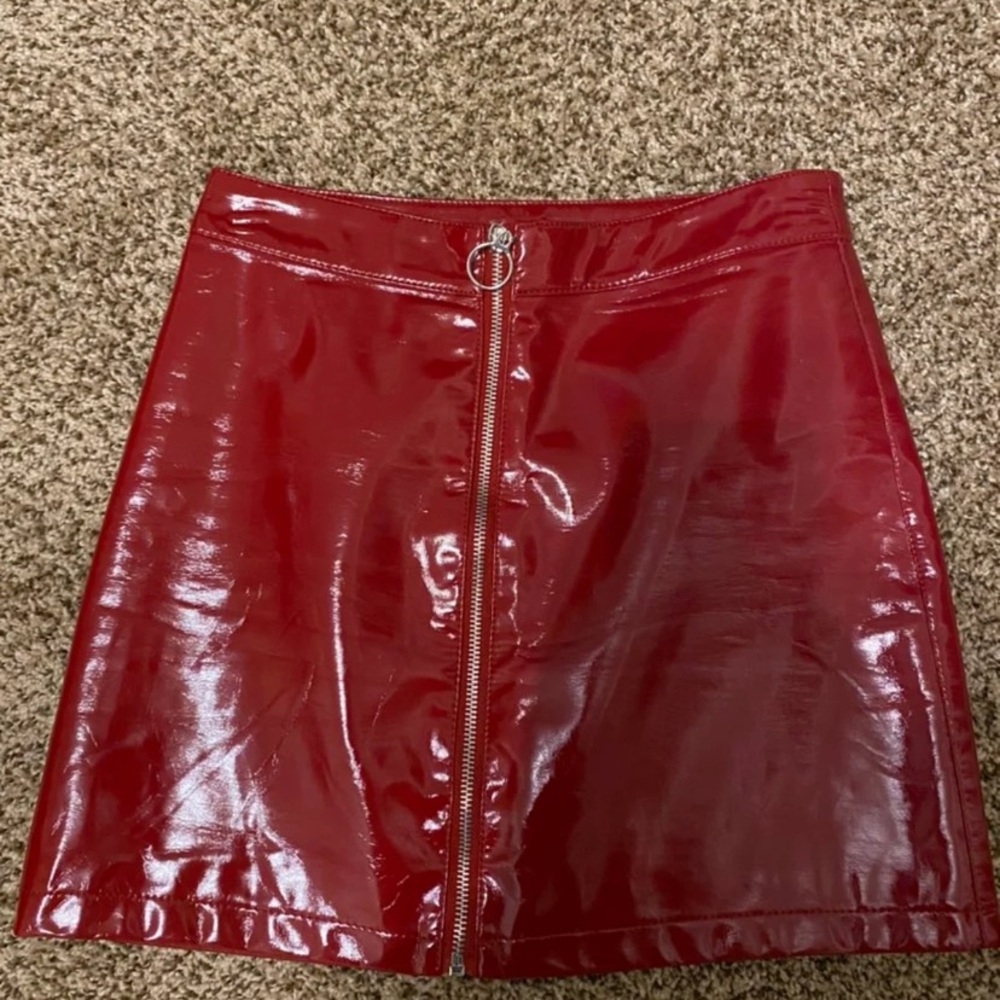 red faux leather skirt